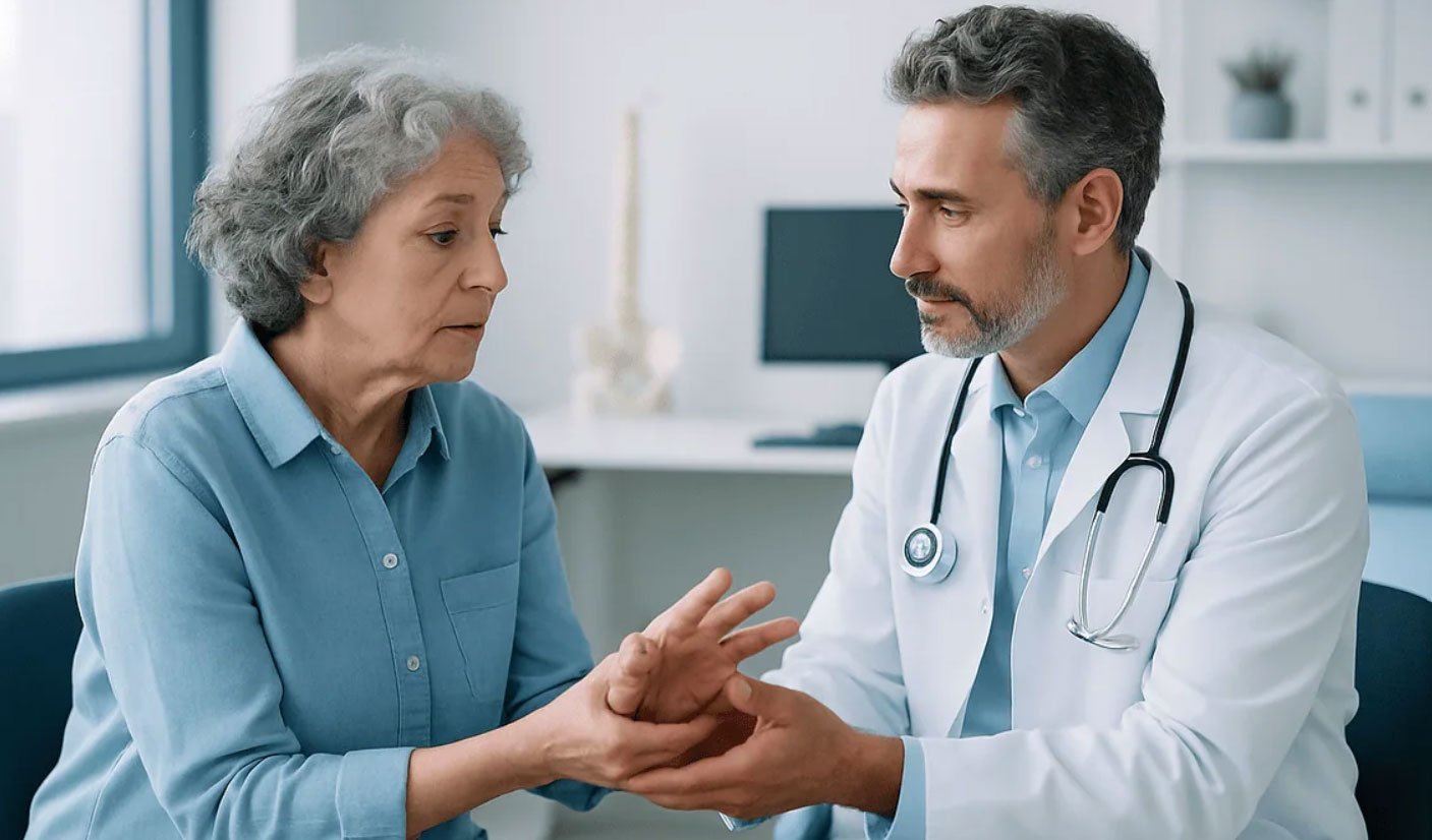 Comparison of rheumatoid arthritis and osteoarthritis joint damage in the hands and knees, with treatment options including joint replacement