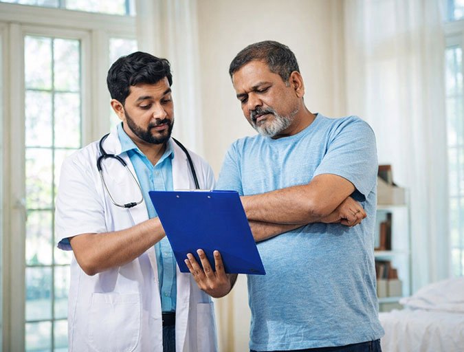 Sri Lankan patient and companion meeting a doctor at an Indian hospital to plan treatment