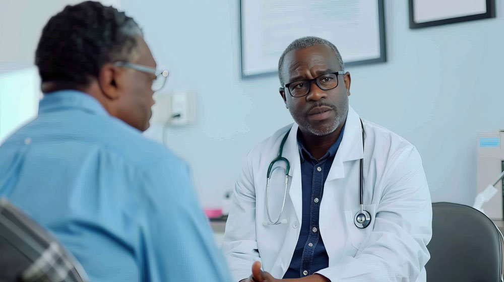 Kenyan patient and companion meeting a doctor at an Indian hospital to plan treatment